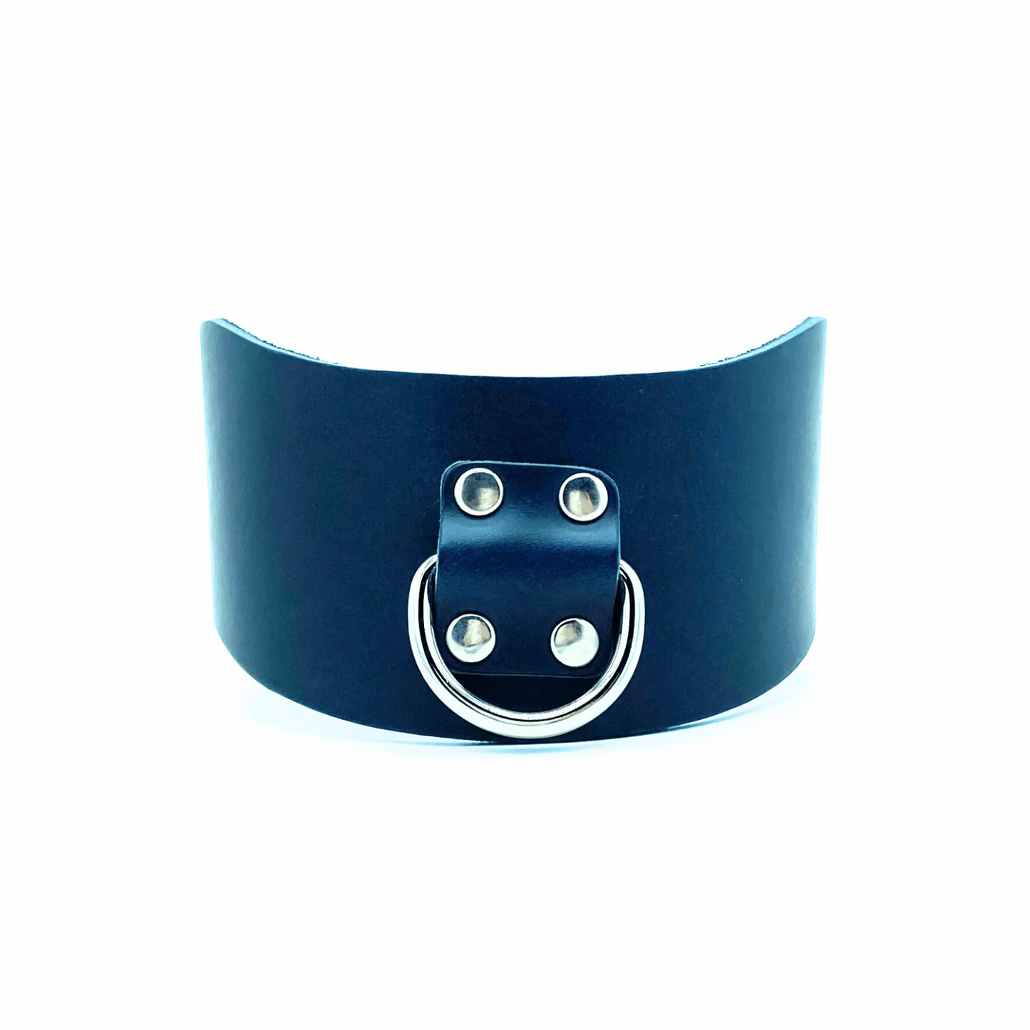 Navy blue leather posture collar with curved shape and large silver D ring.