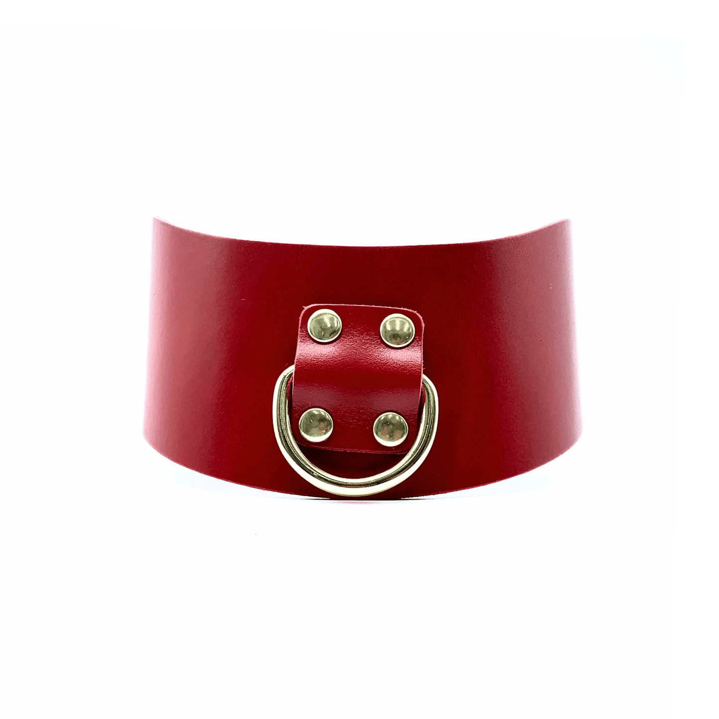 Red Buttero Italian leather posture collar with gold hardware, wide curved design with center D-ring