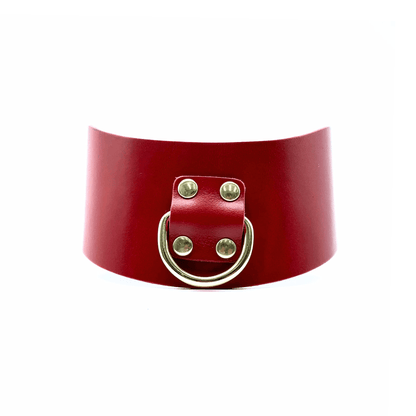Red Buttero Italian leather posture collar with gold hardware, wide curved design with center D-ring