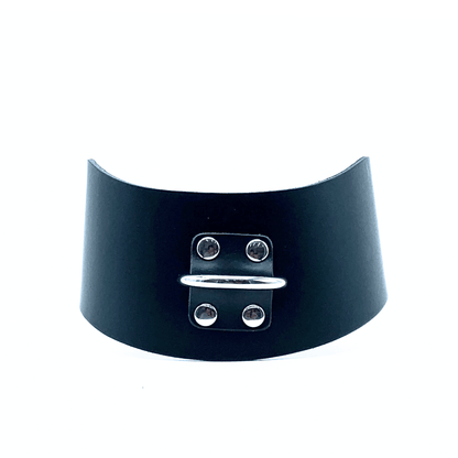 Black Italian leather posture collar with silver hardware, wide structured collar with front plate detail