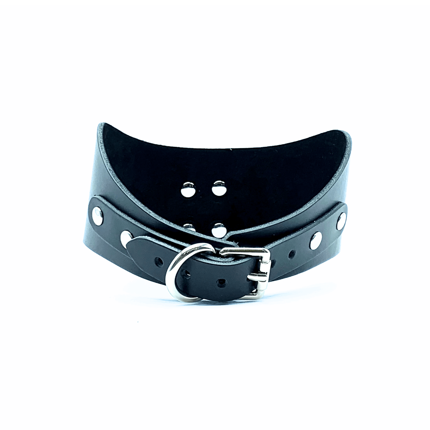 Back view of black leather posture collar showing silver buckle closure. 
