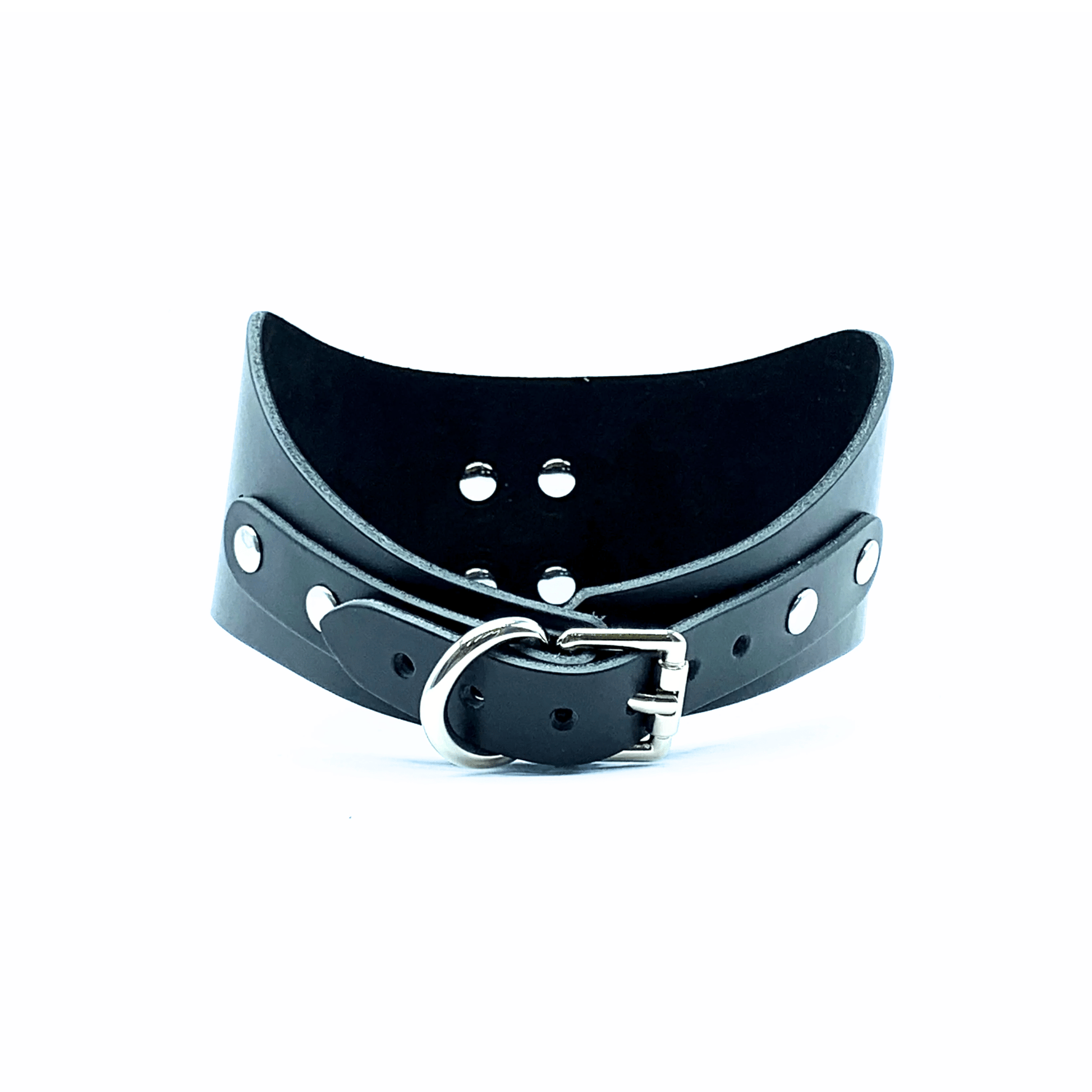 Back view of black leather posture collar showing silver buckle closure. 