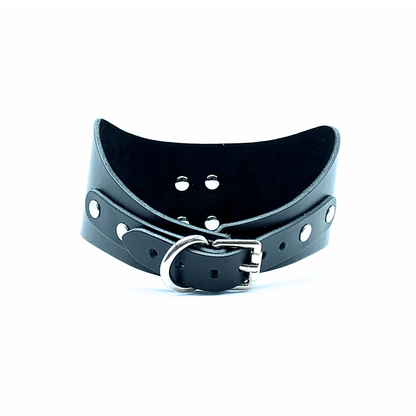 Back view of black leather posture collar showing silver buckle closure. 