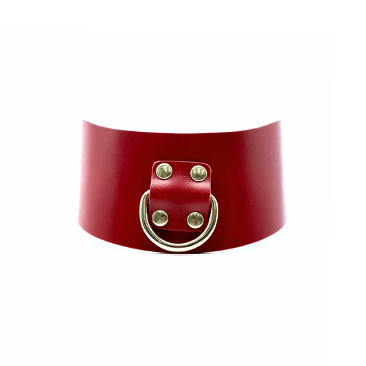 Red Buttero Italian leather posture collar with gold hardware, wide structured design and center D-ring