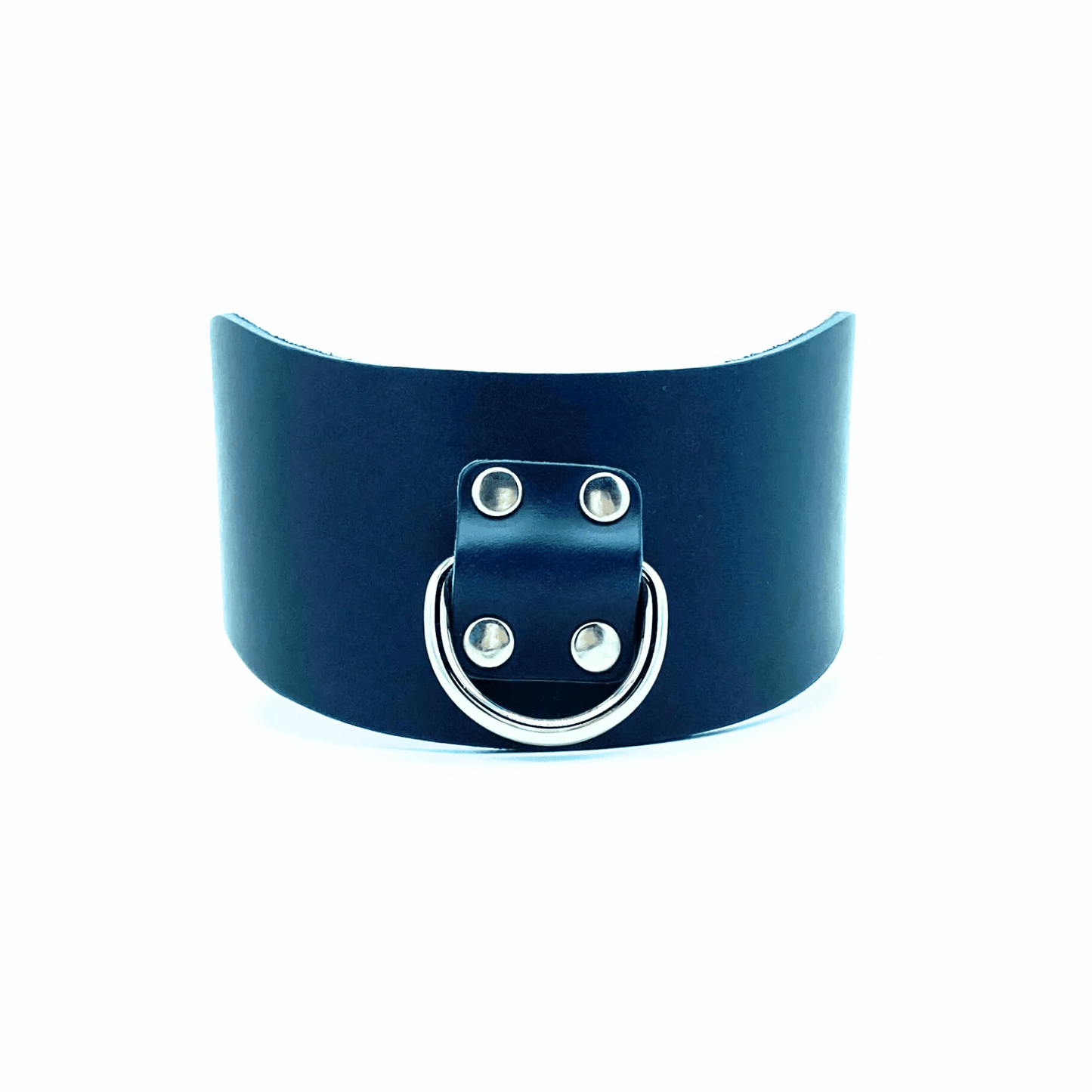 Blue Italian leather posture collar with silver hardware, wide structured design with center D-ring