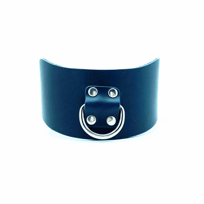 Blue Italian leather posture collar with silver hardware, wide structured design with center D-ring
