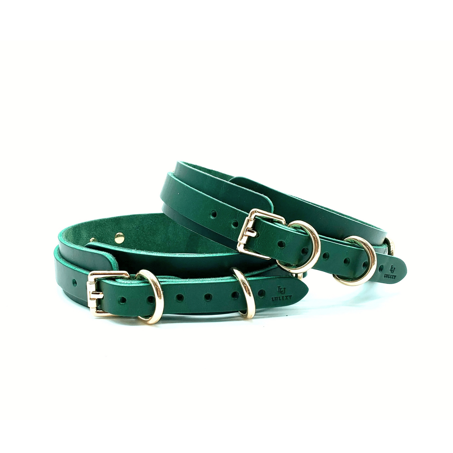 Green Italian leather thigh cuffs with gold hardware, adjustable straps with buckle closure