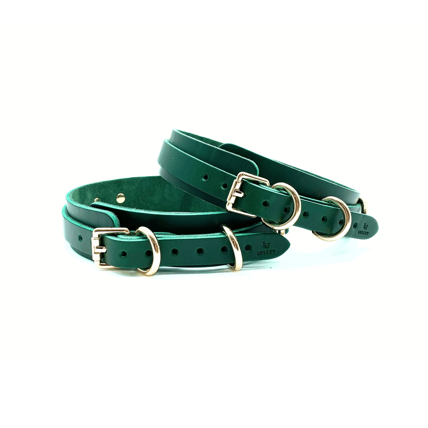 Green Buttero Italian leather thigh cuffs with gold hardware, paired adjustable cuffs with smooth finish