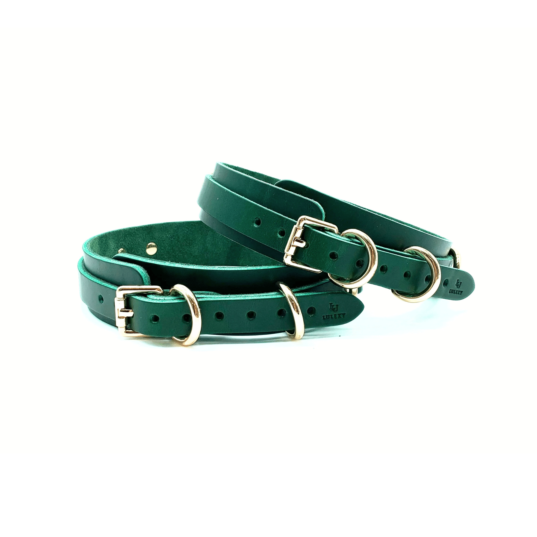 Green Buttero Italian leather thigh cuffs with gold hardware, paired adjustable cuffs with smooth finish