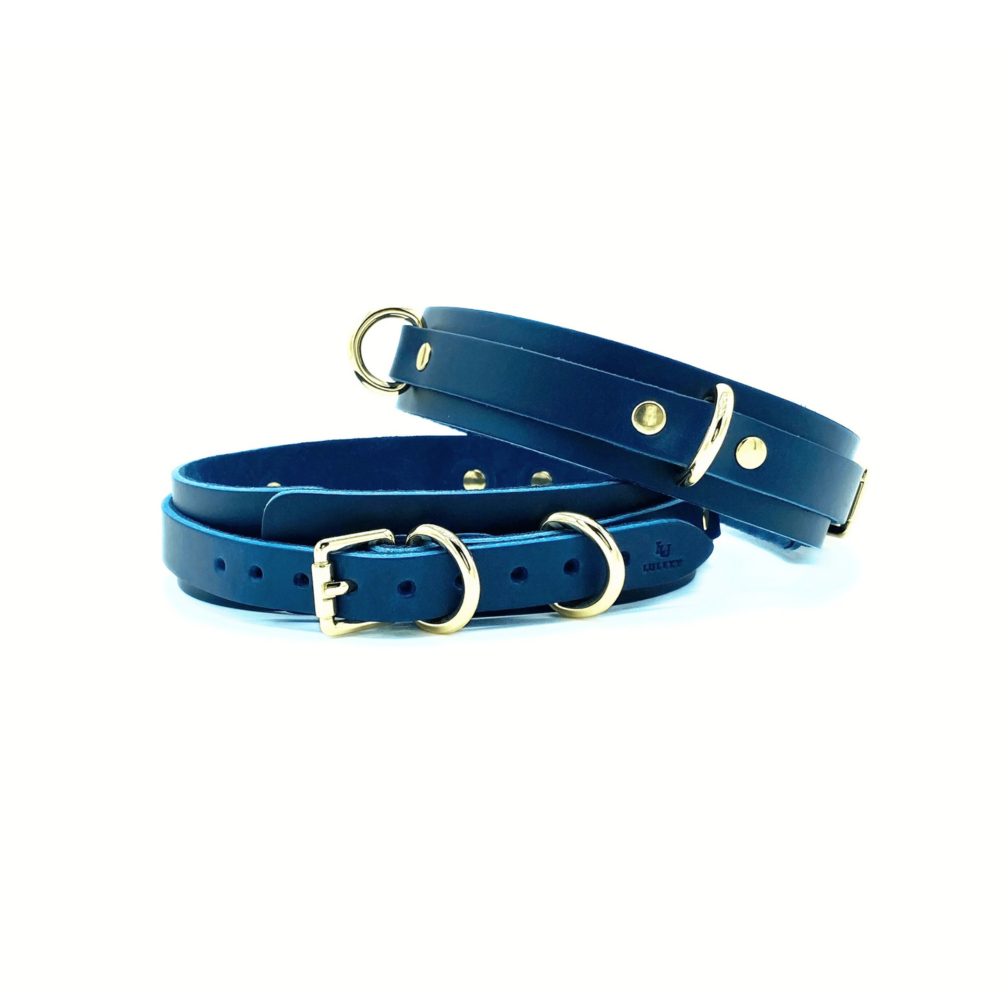Blue Italian leather thigh cuffs with gold hardware, adjustable straps handcrafted in USA
