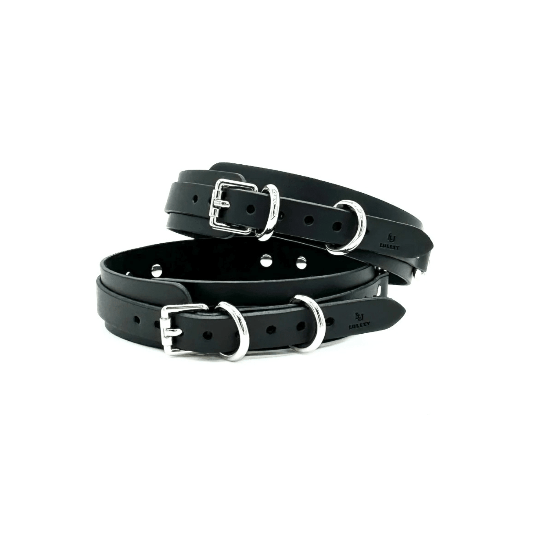 Black leather thigh cuffs with silver hardware, adjustable cuffs with buckle closure
