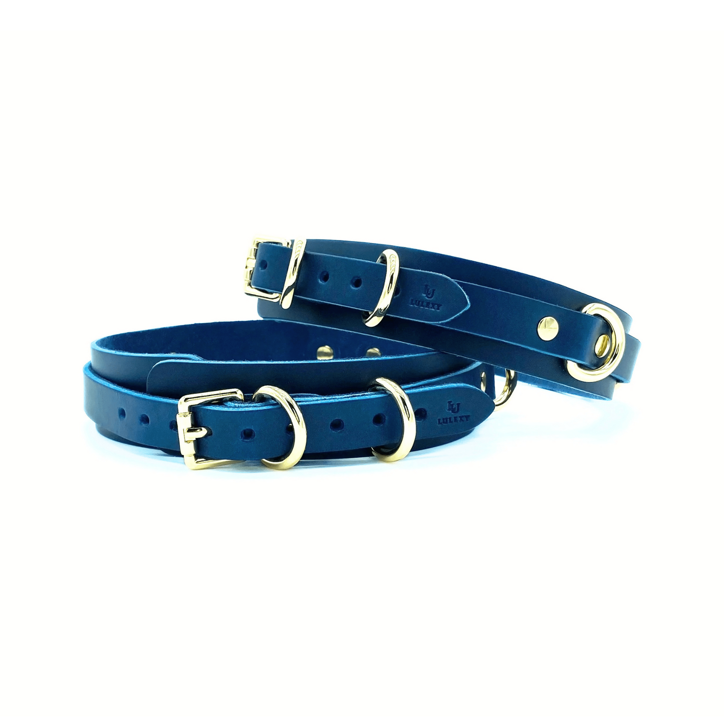 Blue Italian leather thigh cuffs with gold hardware, paired adjustable cuffs with buckle closure
