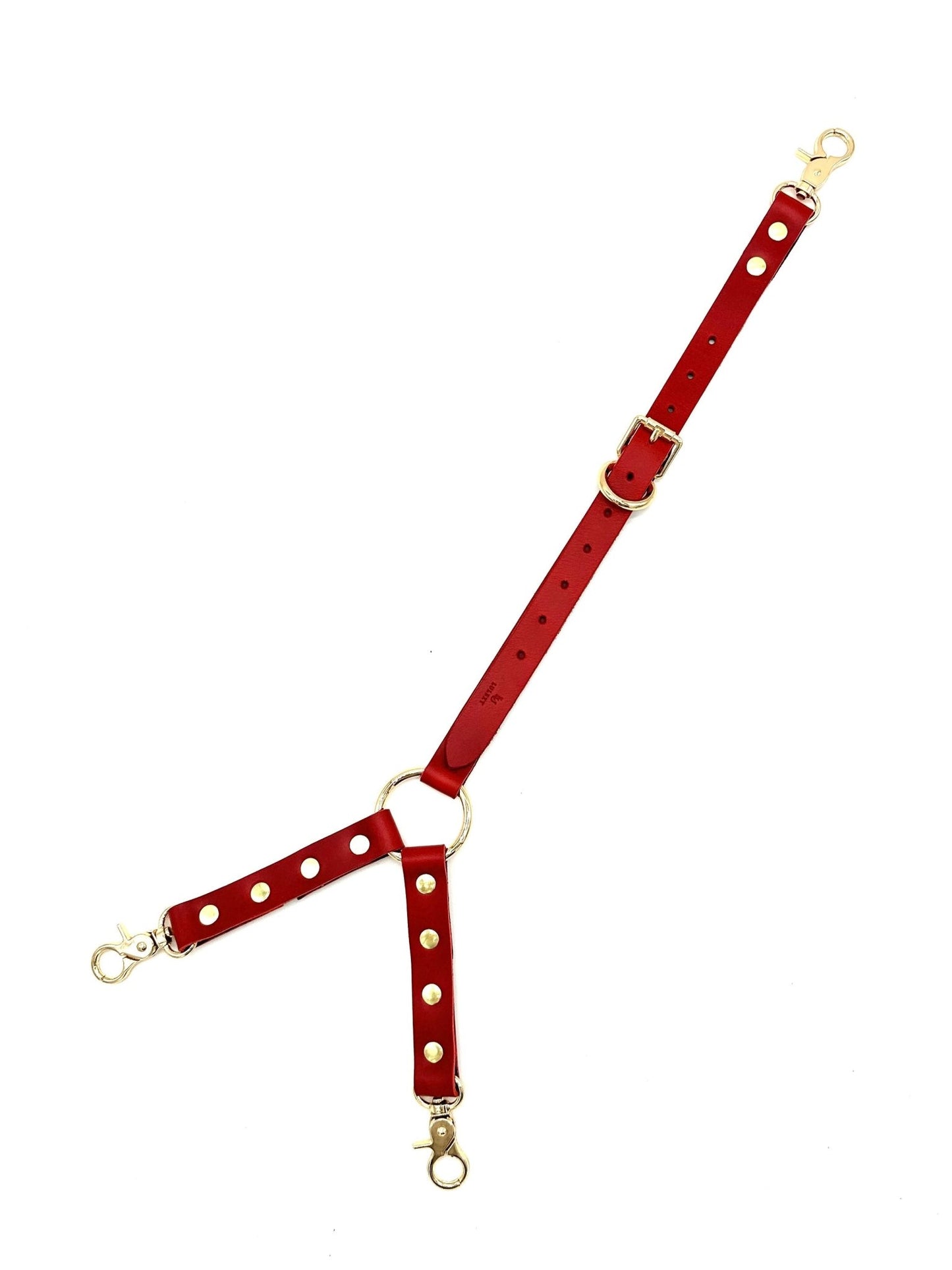 Red Buttero Italian leather three way connector with gold hardware, adjustable Y shape straps and clips