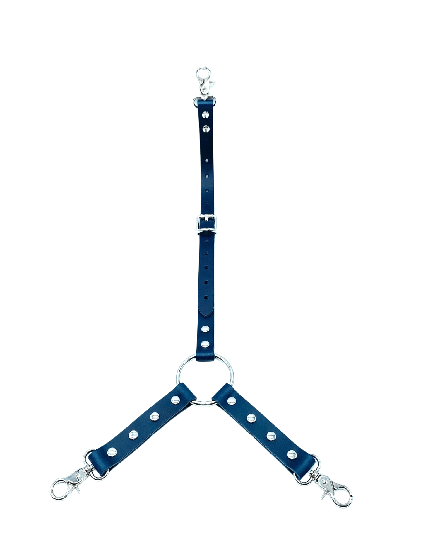 Blue Italian leather three way connector with silver hardware, Y shape design with adjustable straps