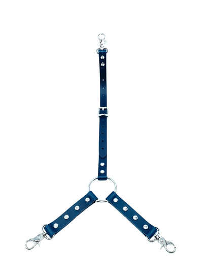 Blue Italian leather three way connector with silver hardware, Y shape design with adjustable straps