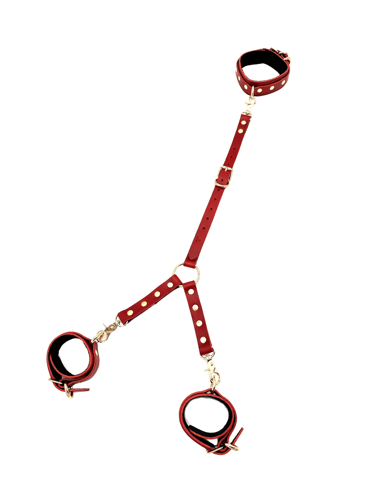 Red Italian leather three way connector with silver hardware, adjustable straps with clip ends