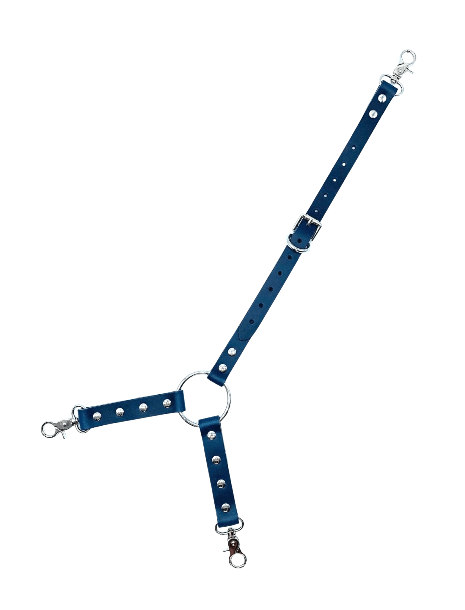Blue Italian leather three way connector with silver hardware, adjustable straps and connector clips
