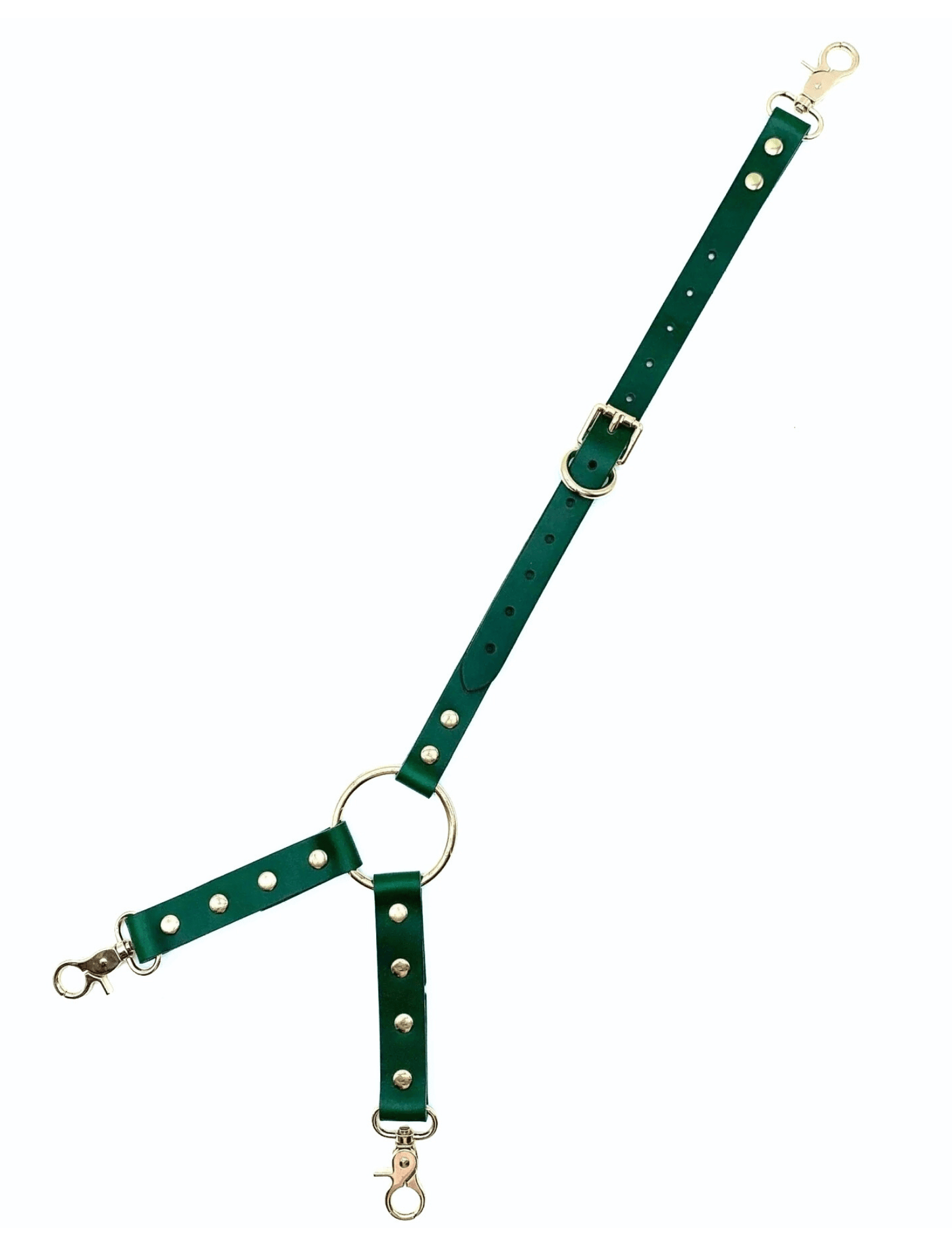 Green Buttero Italian leather three way connector with gold hardware, adjustable straps and clip ends