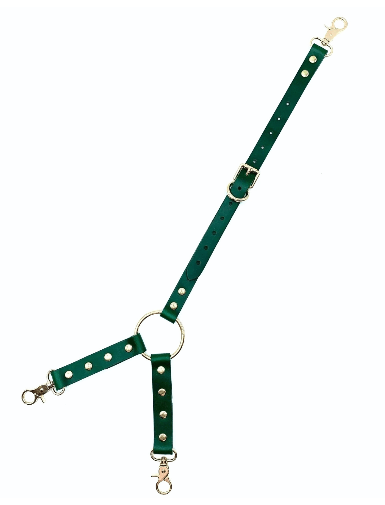 Green Buttero Italian leather three way connector with gold hardware, adjustable straps and clip ends