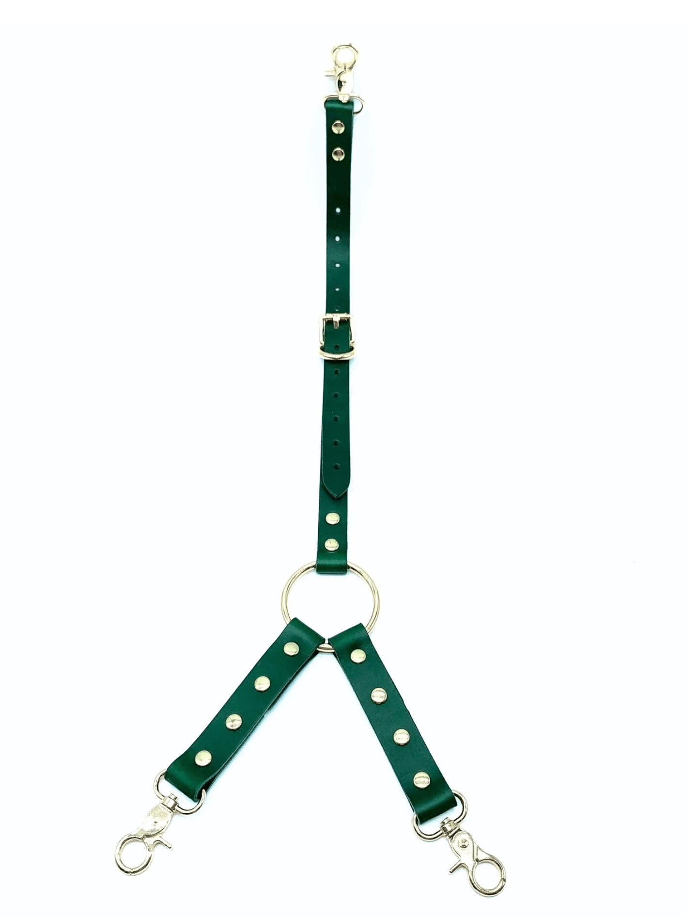 Green Italian leather three way connector with silver hardware, adjustable straps and clip attachments