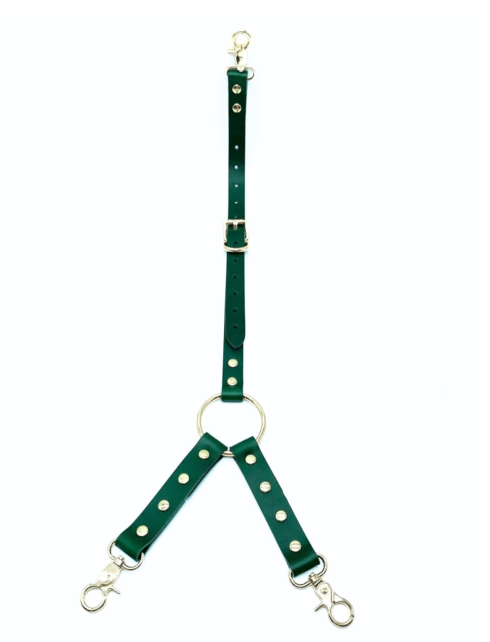 Green Italian leather three way connector with silver hardware, adjustable straps and clip attachments