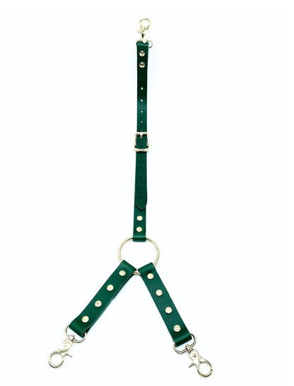 Green Italian leather three way connector with silver hardware, adjustable straps and clip attachments