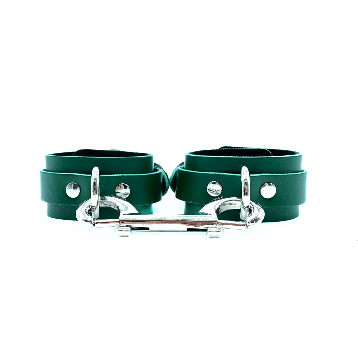 Green Buttero Italian leather handcuffs with silver hardware, adjustable wrist cuffs handcrafted in USA