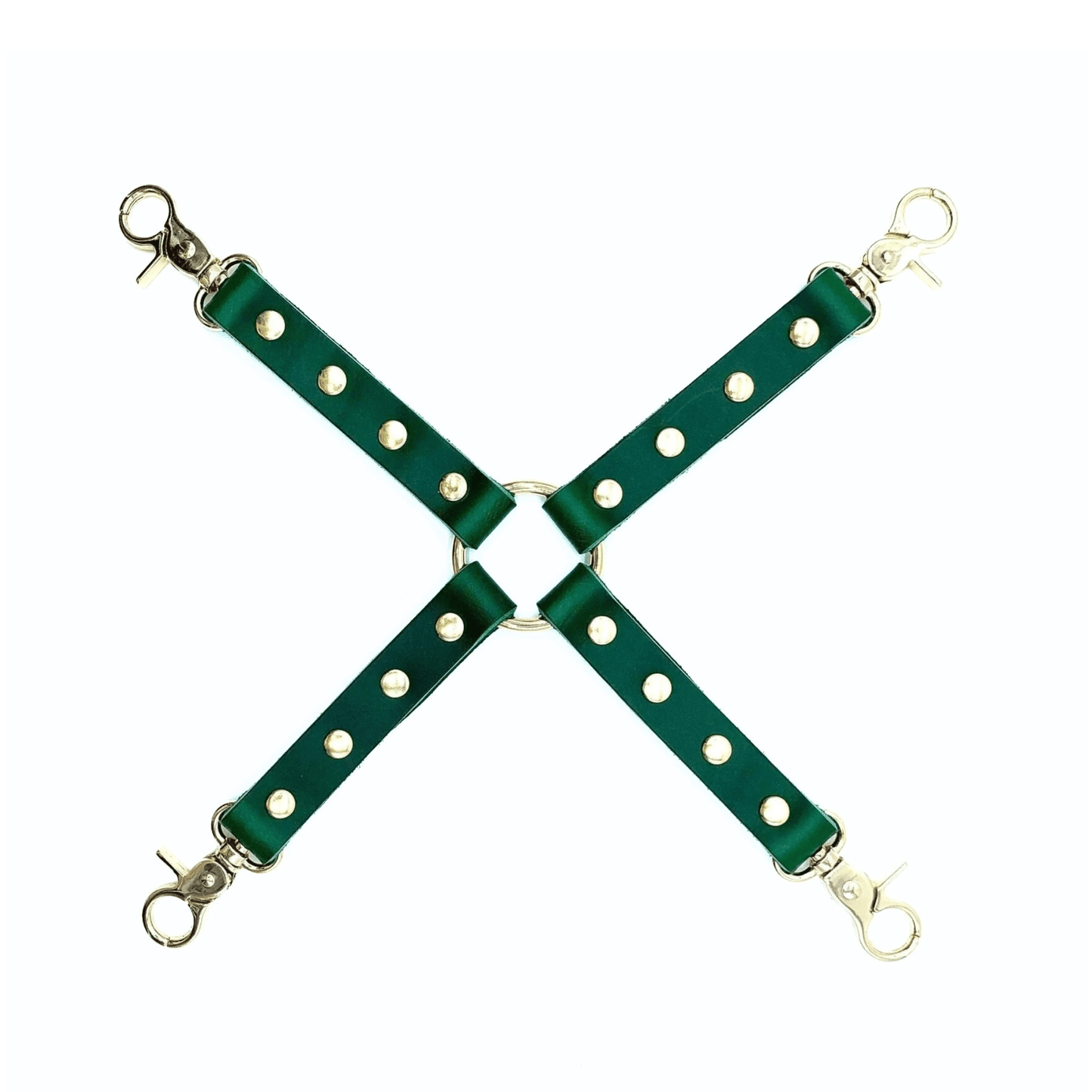 Green leather hogtie connector back with embossed Lulexy logo, gold rivets, four snap hooks, and center O-ring