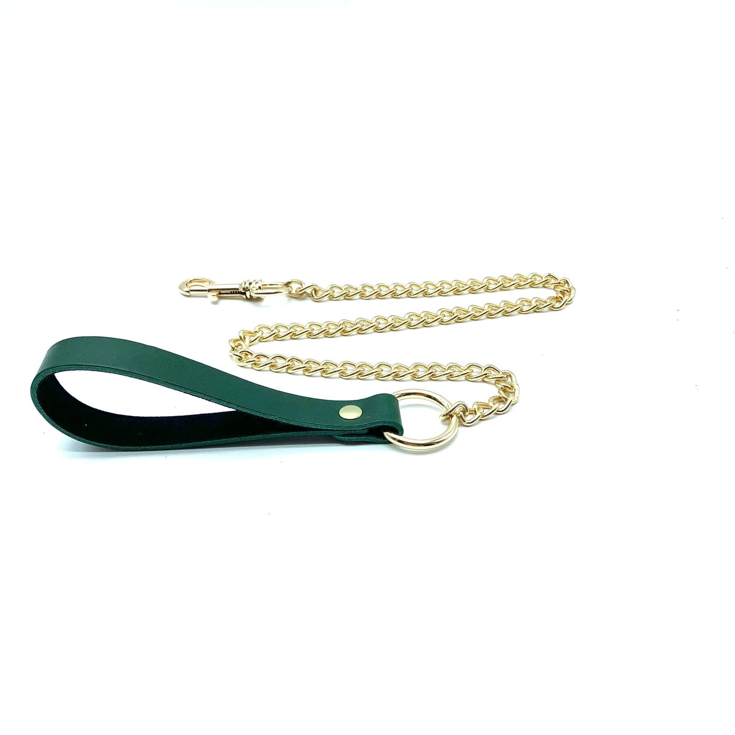 Green leather leash with gold chain and hardware, adjustable clip and smooth handle