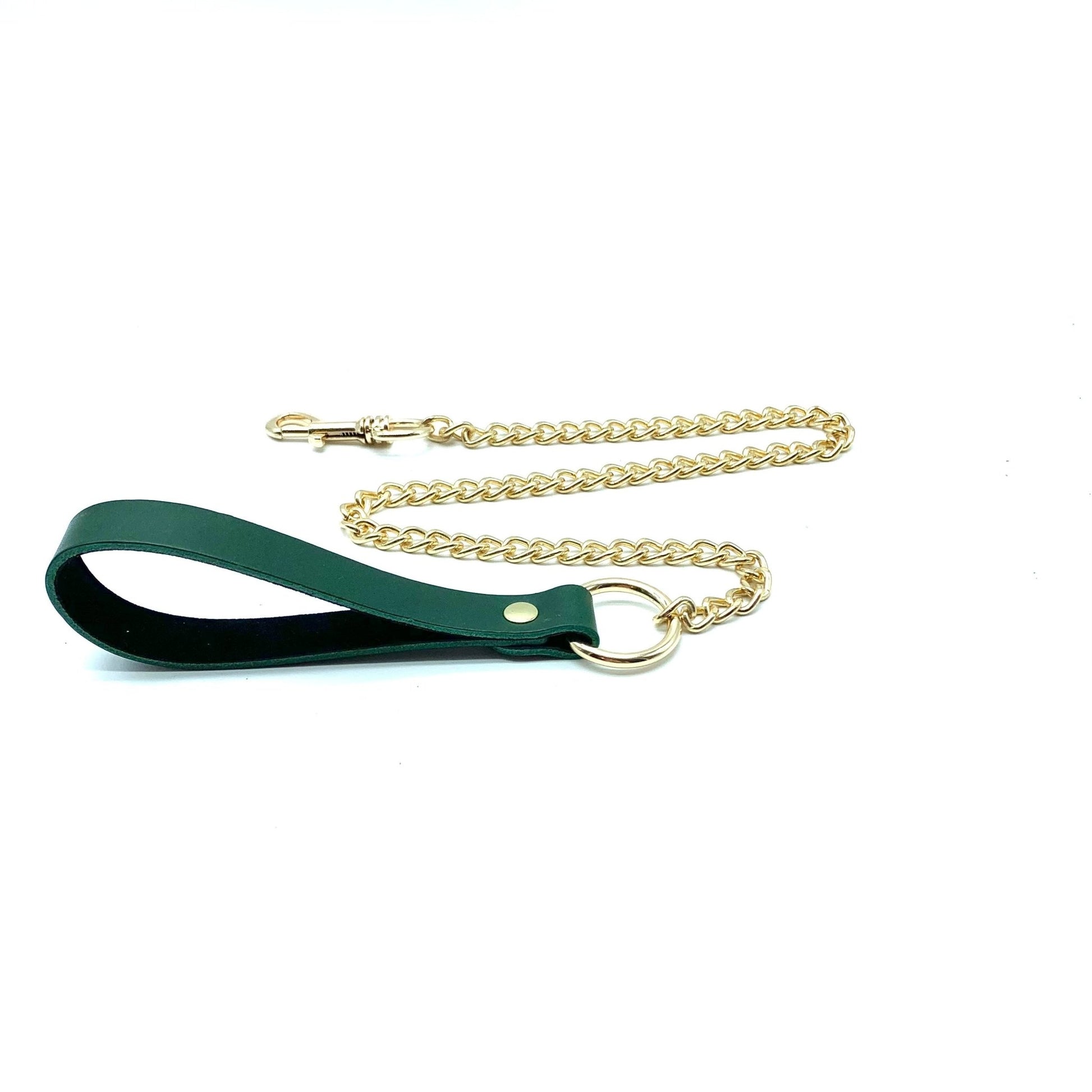 Green leather leash with gold chain and hardware, adjustable clip and smooth handle