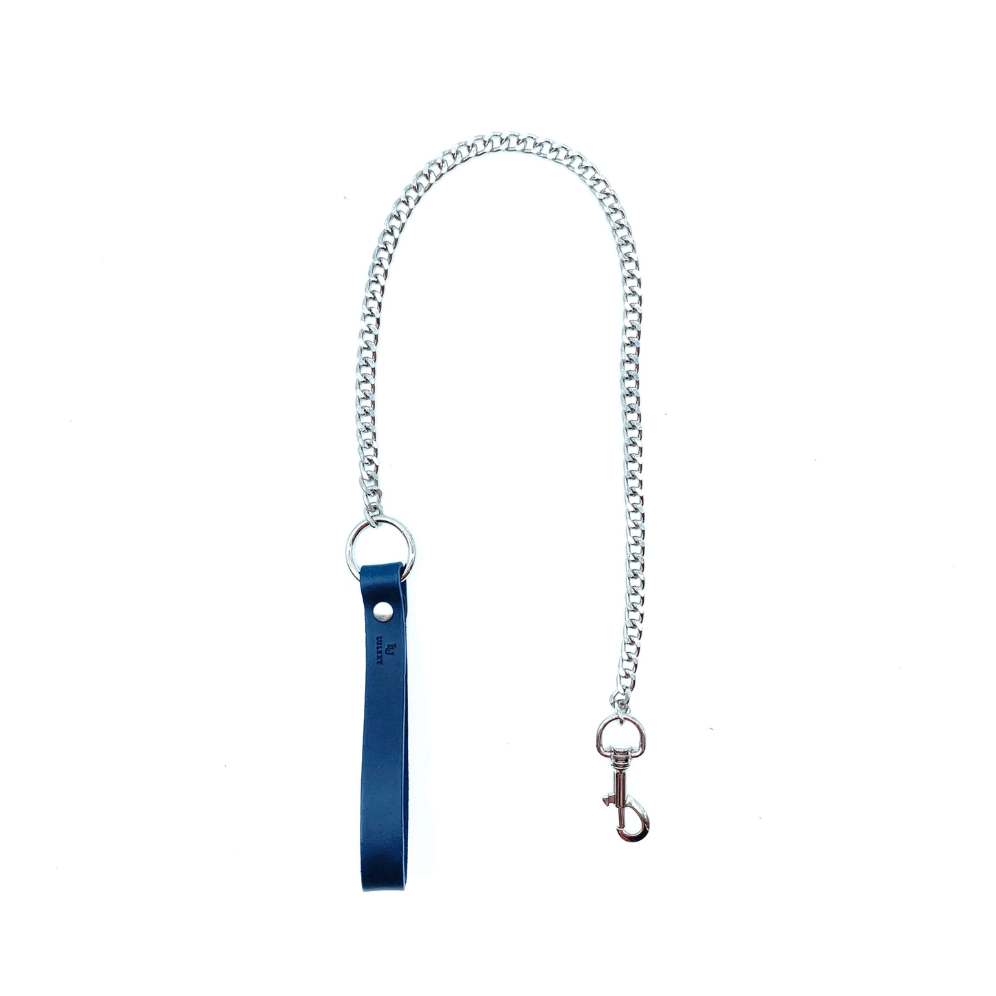 Blue Italian leather chain leash with silver hardware, leather handle and detachable clip