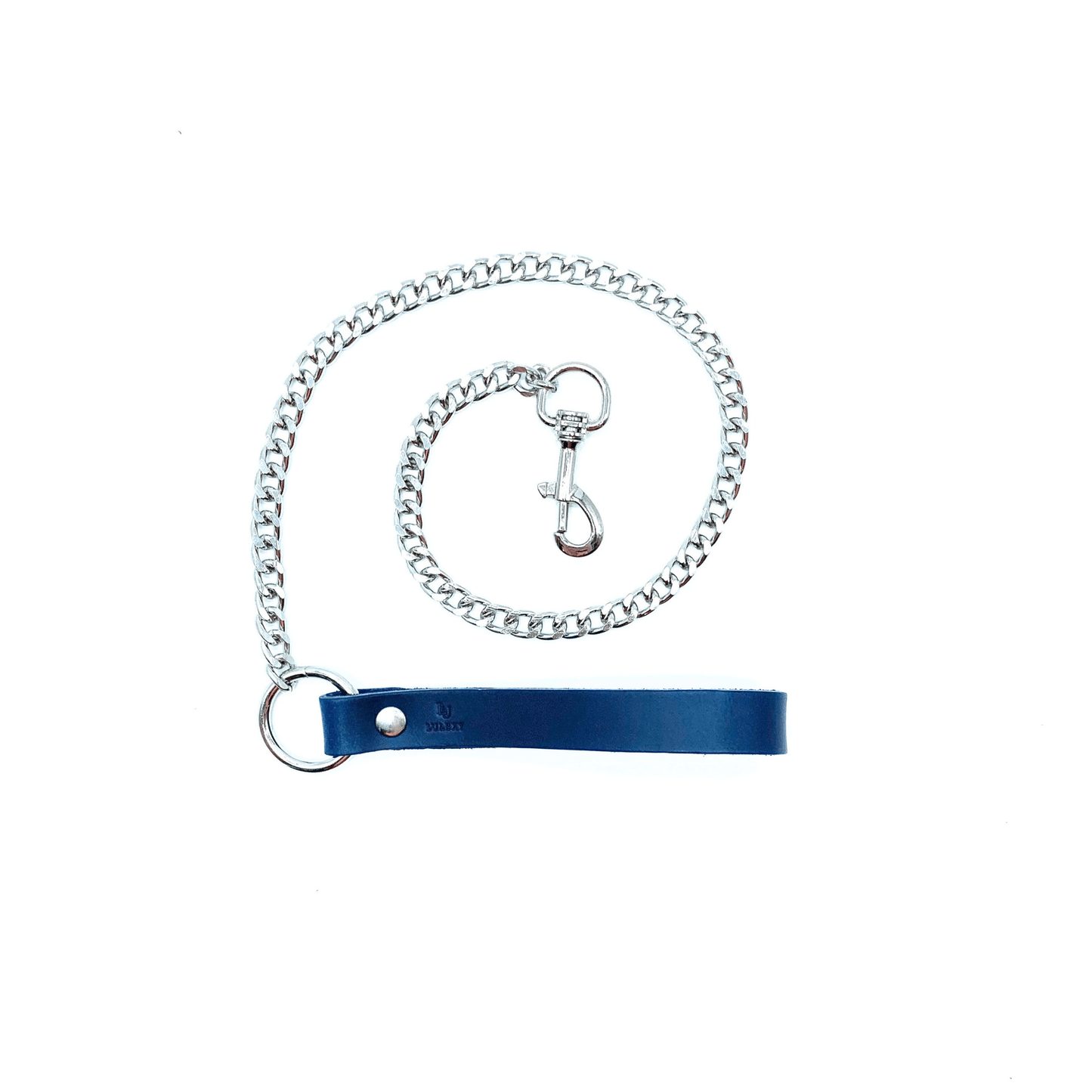 Blue leather leash with silver chain and hardware, smooth handle and long chain design