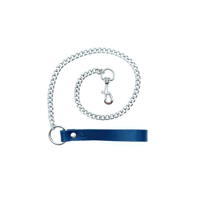 Blue leather leash with silver chain and hardware, smooth handle and long chain design
