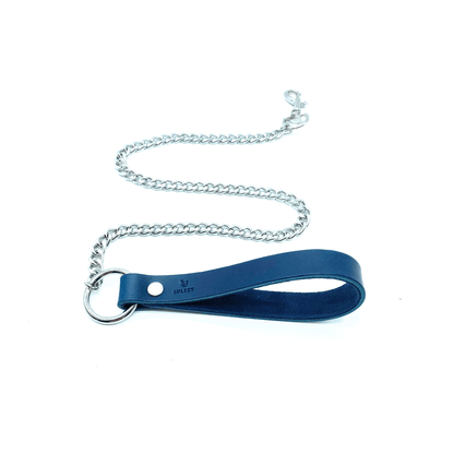 Blue Mona leather leash with silver chain and hardware, handle and long chain design