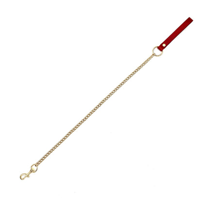 Red leather leash with gold chain and hardware, long chain design with leather handle