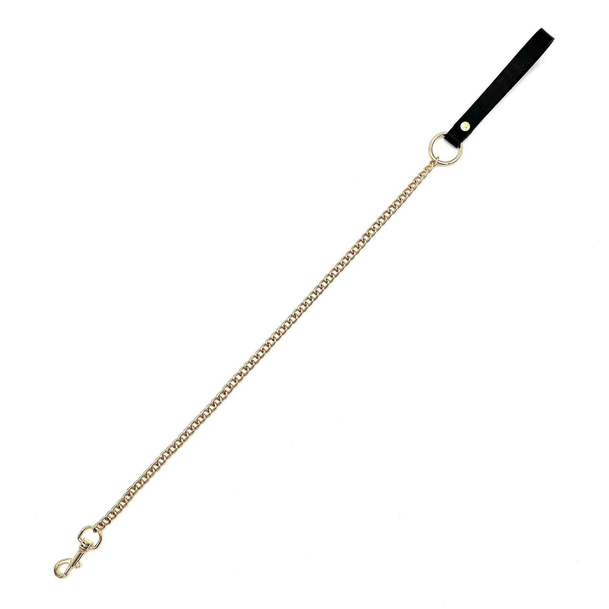 Black leather leash with gold chain, long chain design and premium hardware