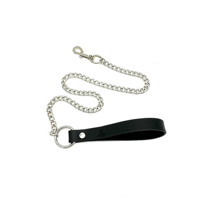 Black Italian leather leash with silver chain and hardware, minimalist handle design