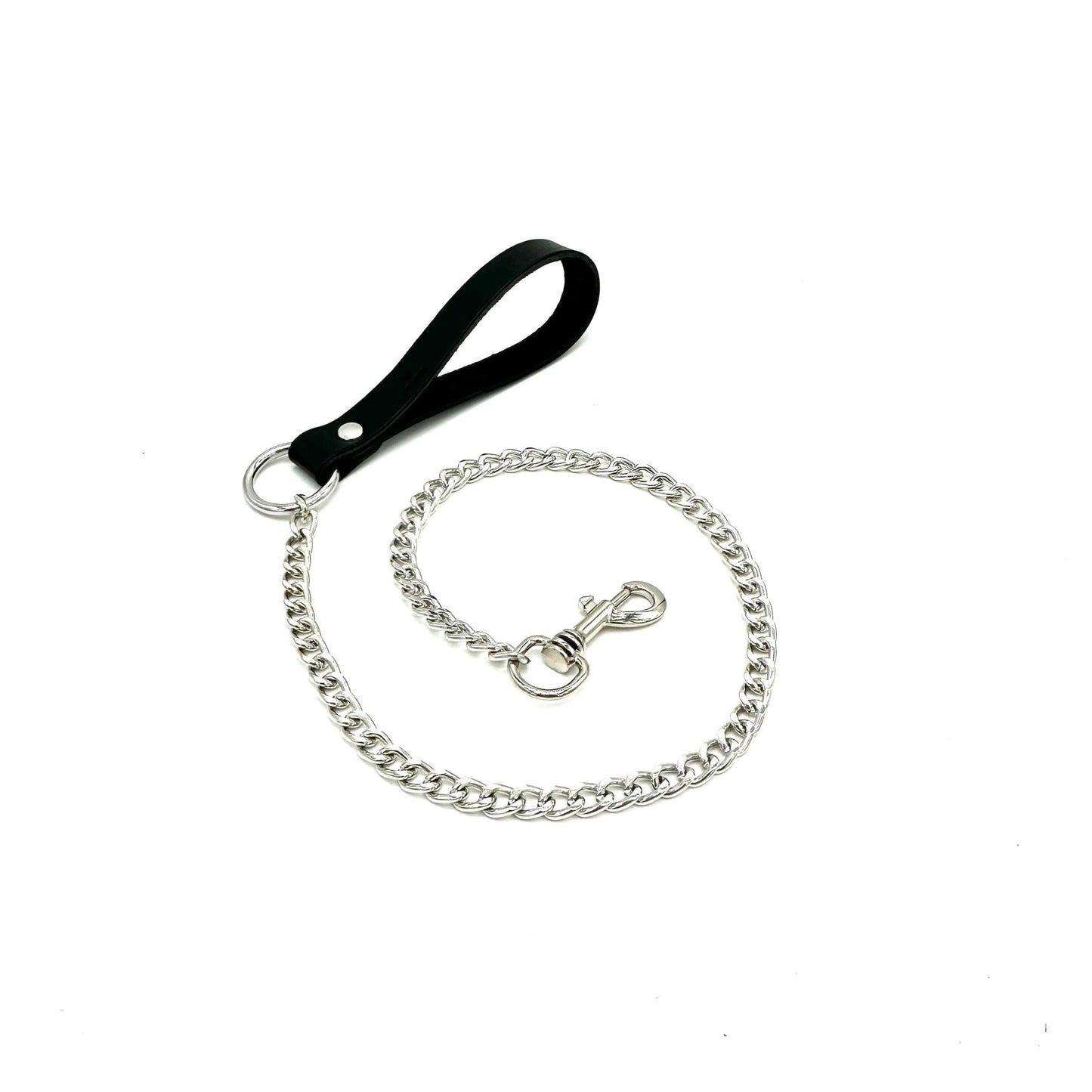 Black leather chain leash with silver hardware, leather handle and detachable clip