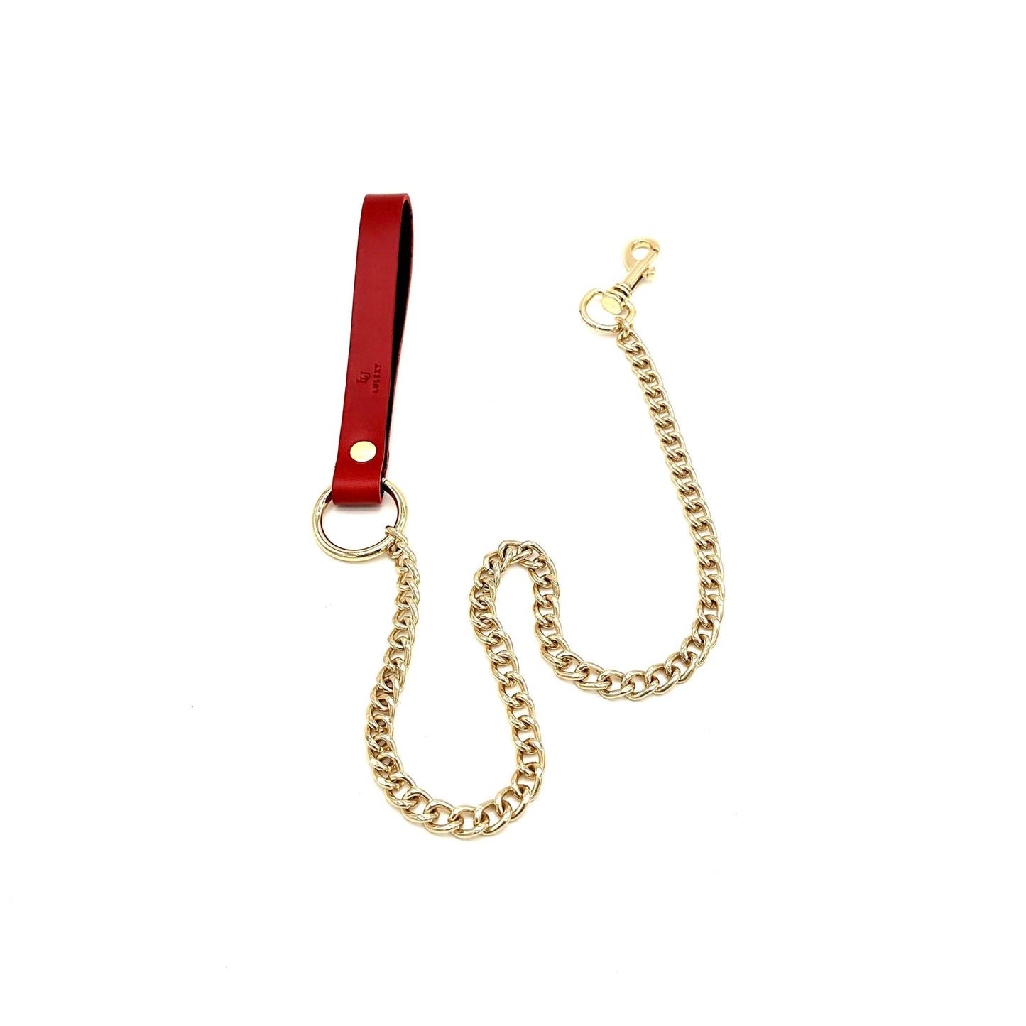 Red Italian leather chain leash with gold hardware, leather handle and detachable clip