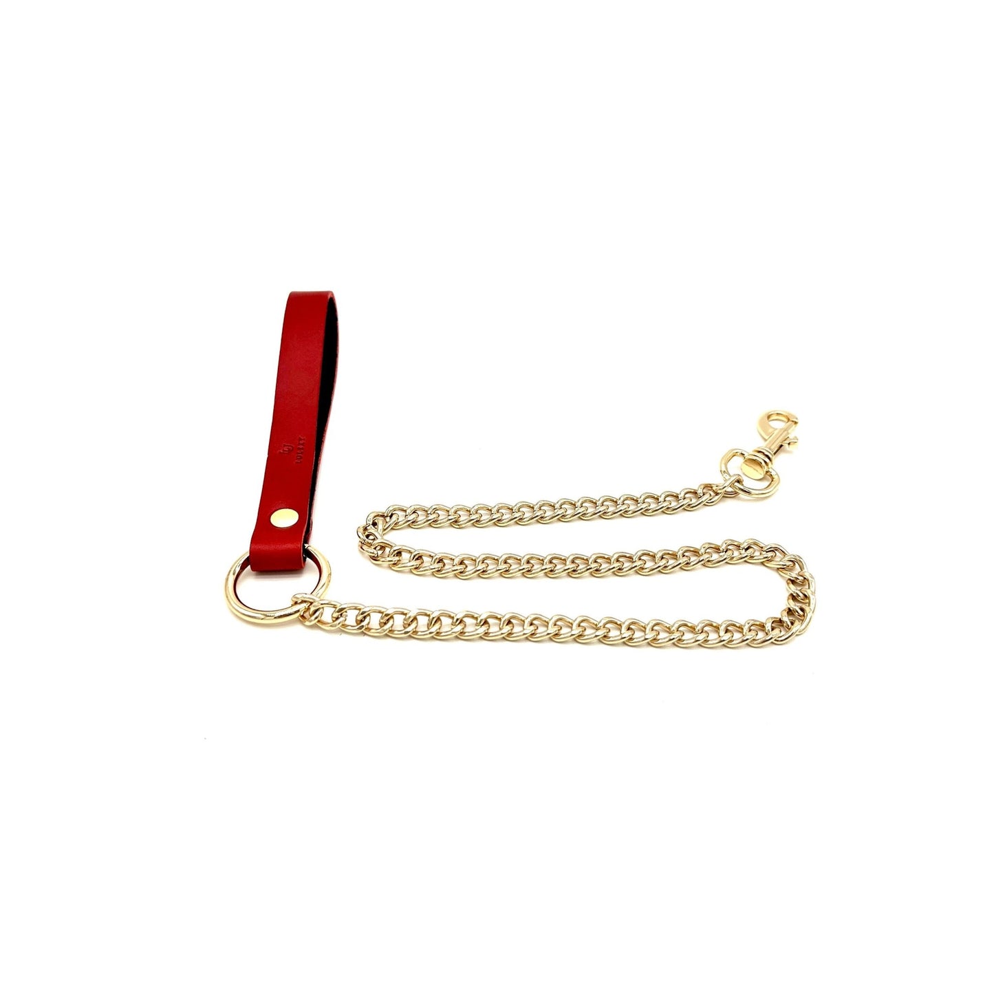 Red leather leash with gold chain and hardware, long chain design with leather handle