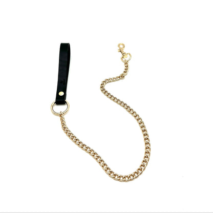 Black Italian leather chain leash with gold hardware, leather handle and detachable clip