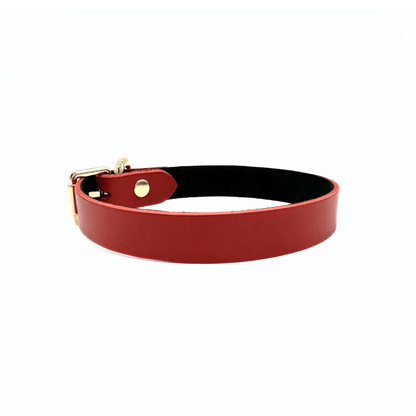 Red leather collar with gold hardware, minimal design and smooth edges, handmade luxury choker