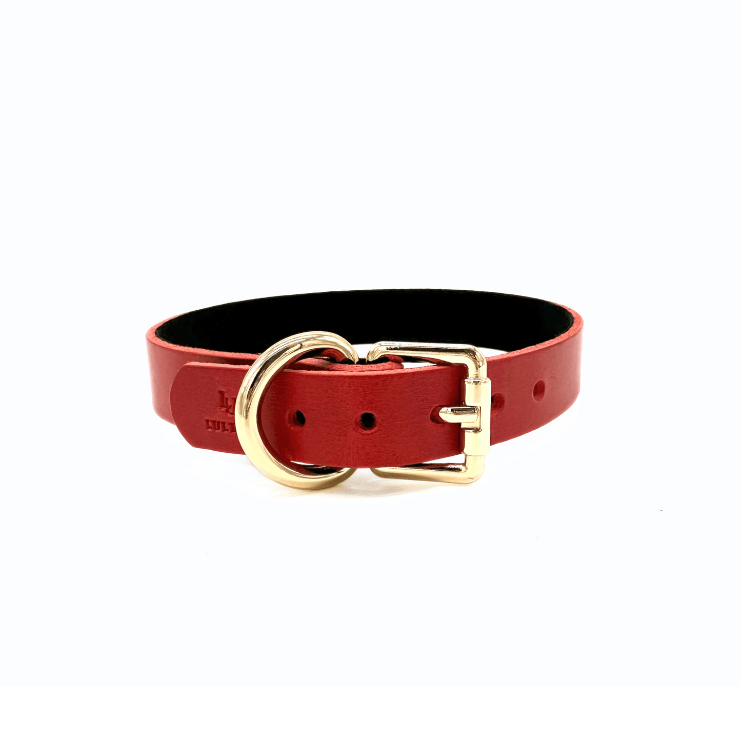 Red leather collar with gold hardware, minimal design and smooth edges, handmade luxury choker with gold hardware buckle