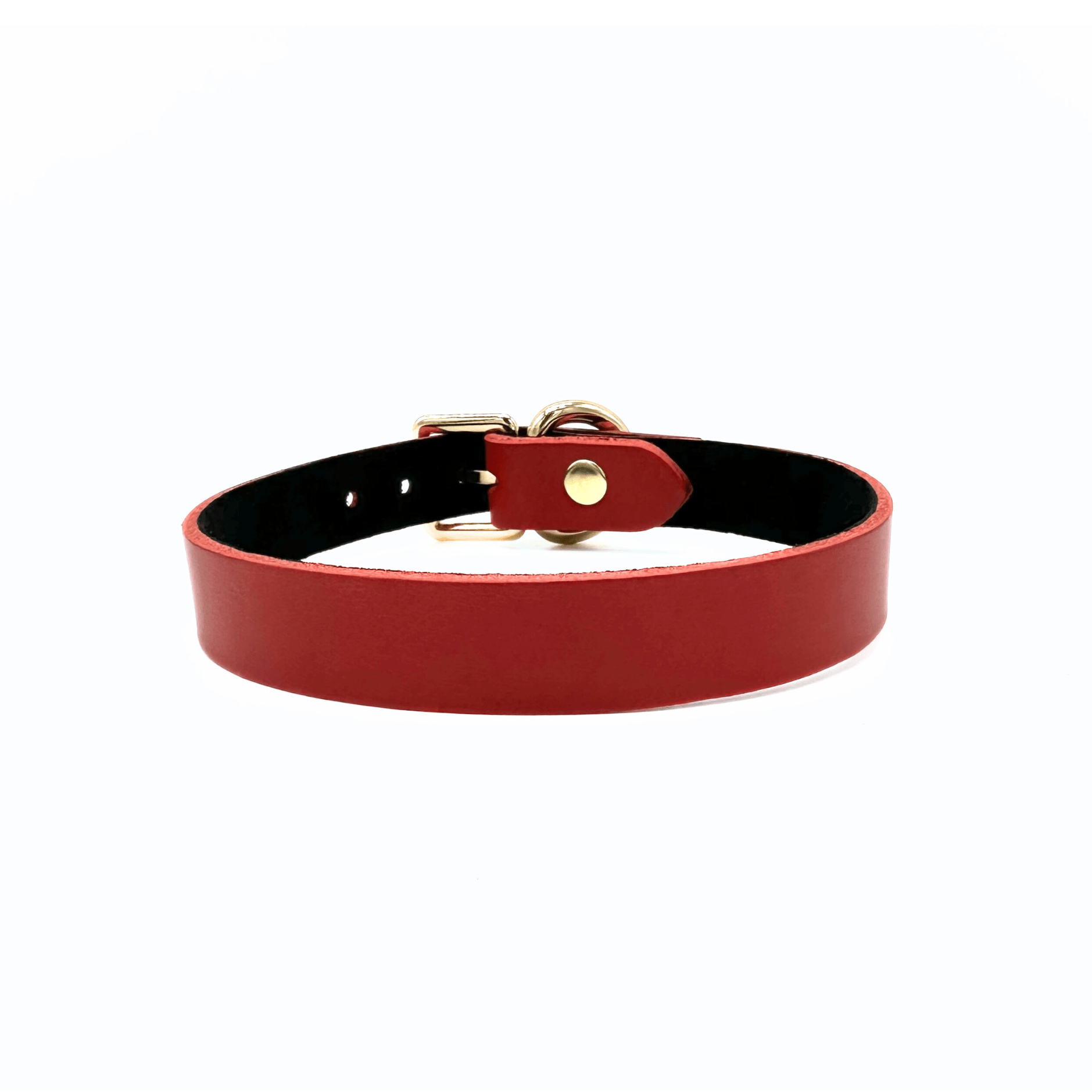 Red leather collar with gold center detail, smooth finish and bold color handcrafted in USA