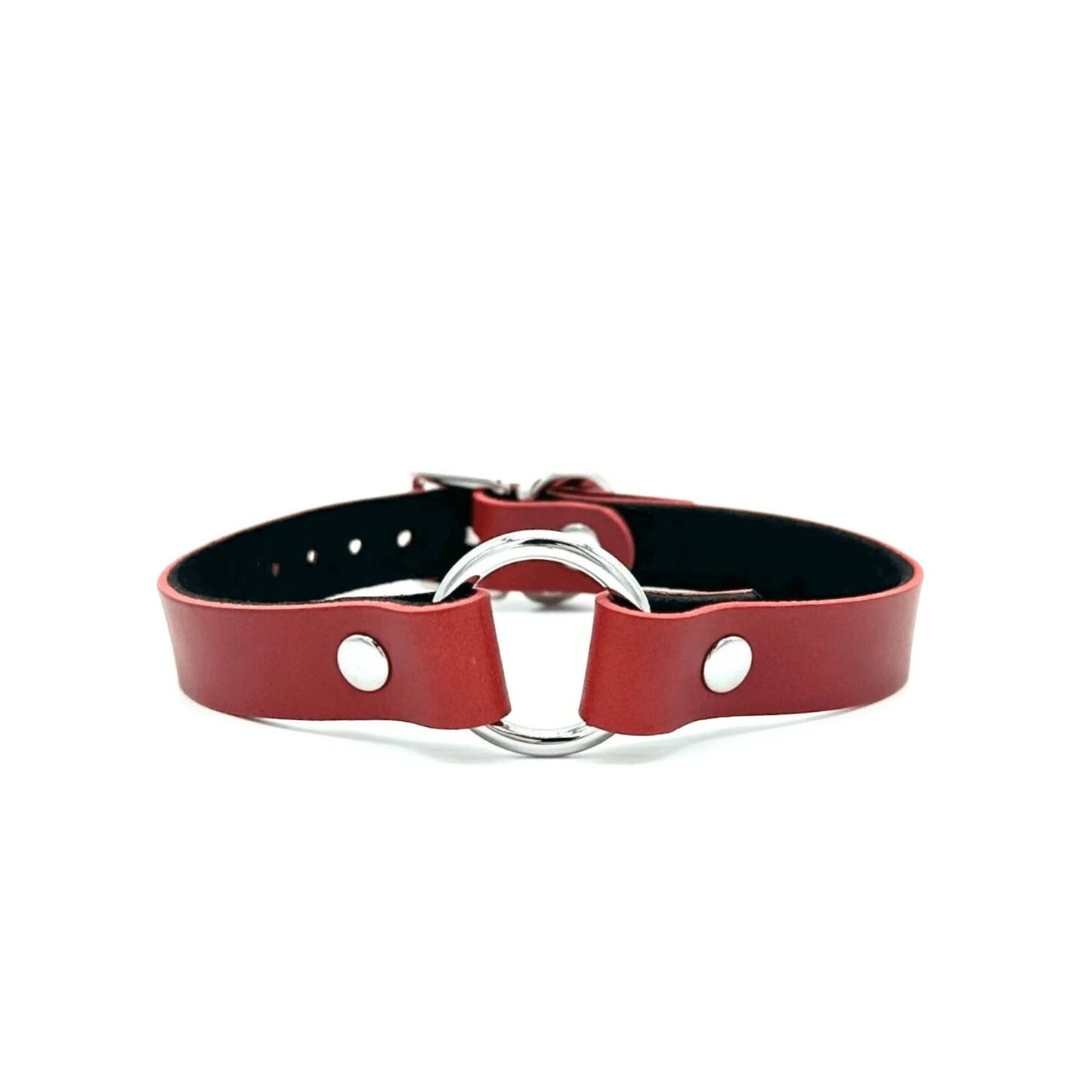 Red leather day collar with silver hardware, minimalist adjustable choker handcrafted in USA