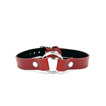 Red leather day collar with silver hardware, minimalist adjustable choker handcrafted in USA