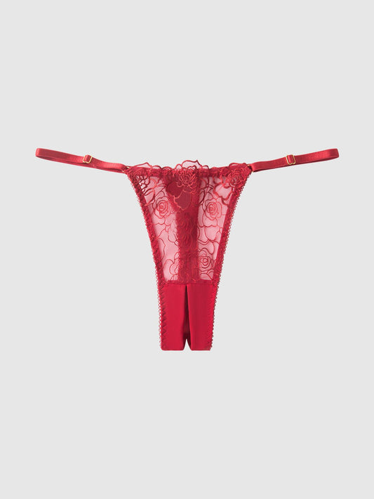 ROSALIE EMBROIDERED LACE & MESH CROTCHLESS THONG - Lulexy