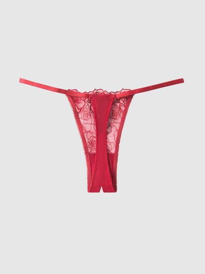 ROSALIE EMBROIDERED LACE & MESH CROTCHLESS THONG - Lulexy