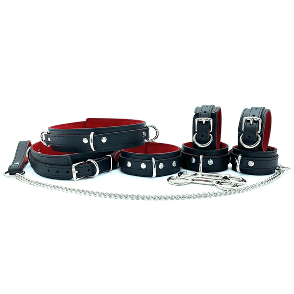 Scarlet 7 piece black leather bondage set with red suede lining, silver hardware, collar, leash, cuffs and connectors