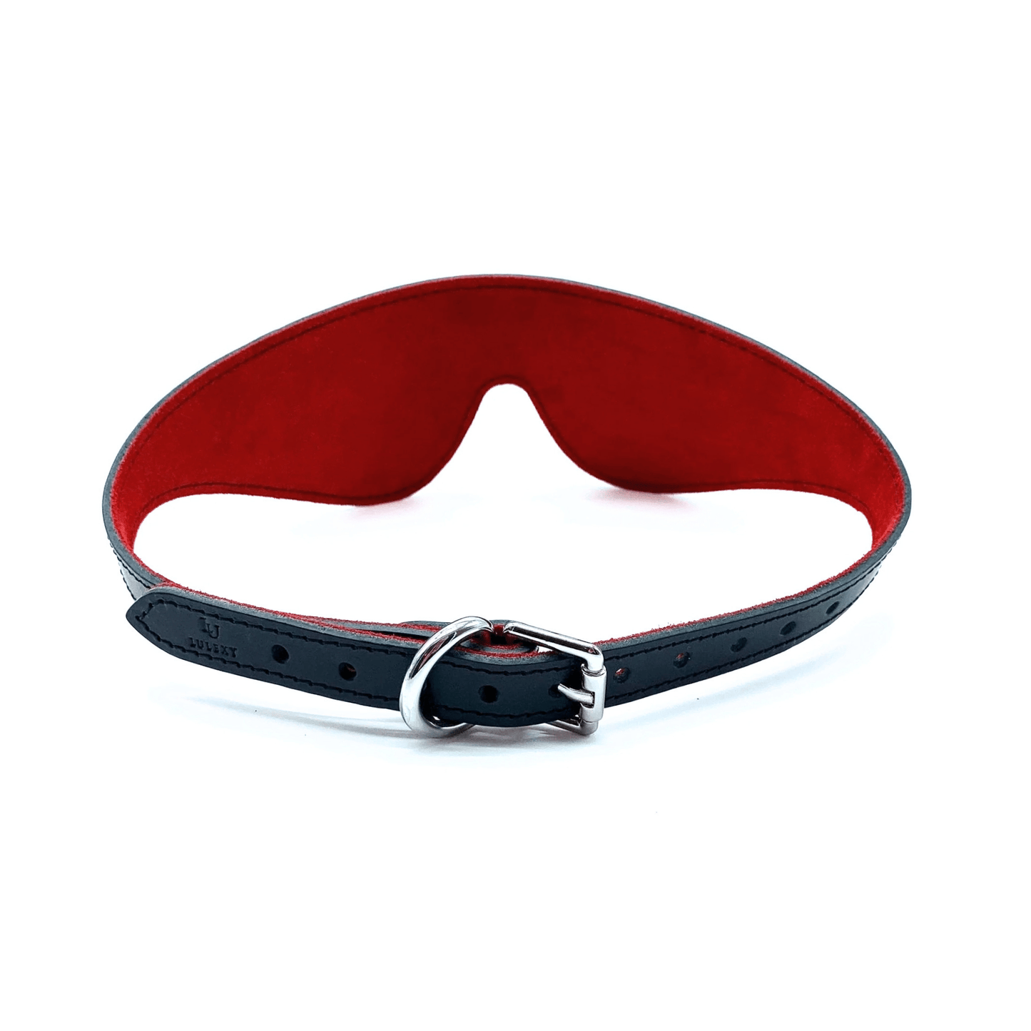 Black leather blindfold with red suede lining, back view showing adjustable strap and silver hardware